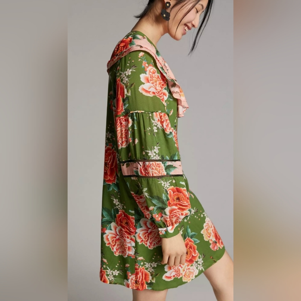 FARM Rio for Anthropologie Elinor Green Floral Tunic Dress